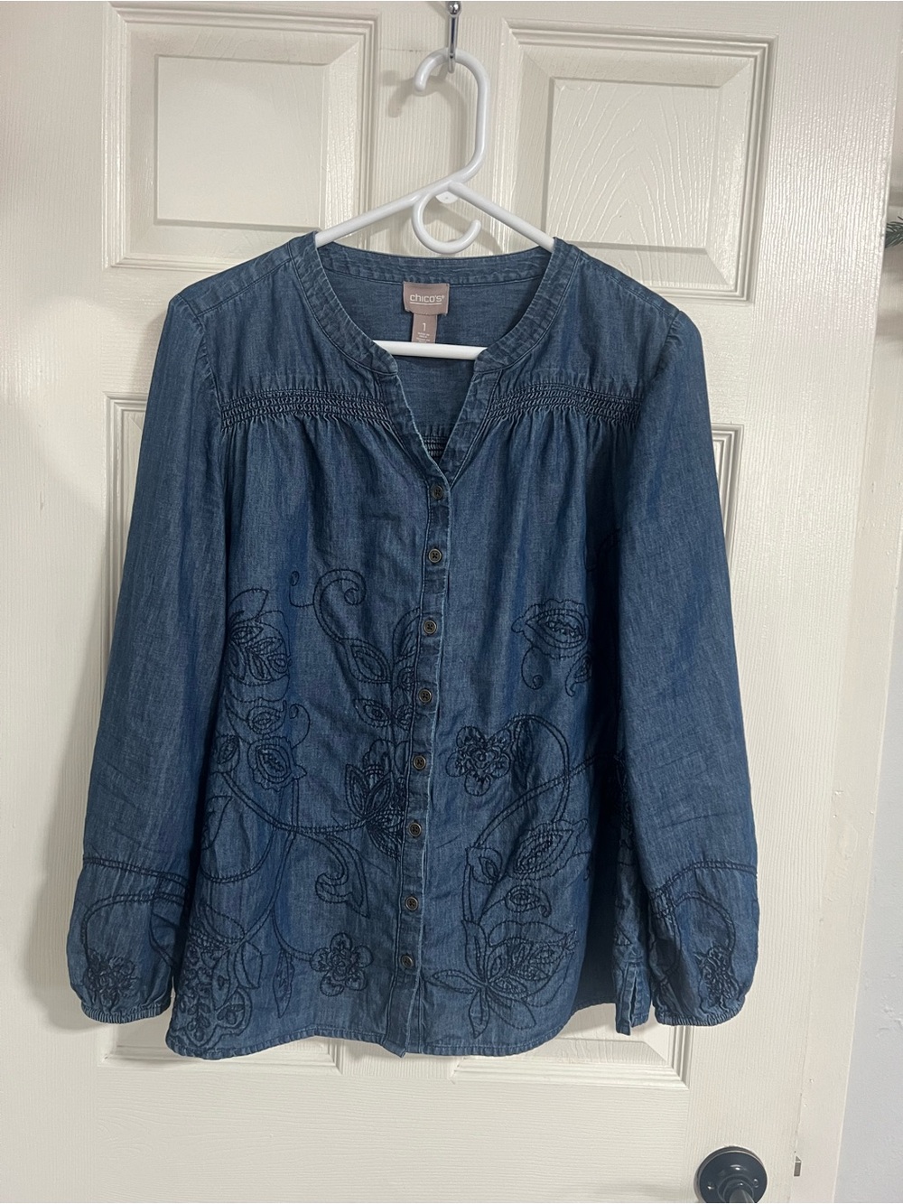 Chico's Dark Blue Embroidered Denim Button-Down Shirt